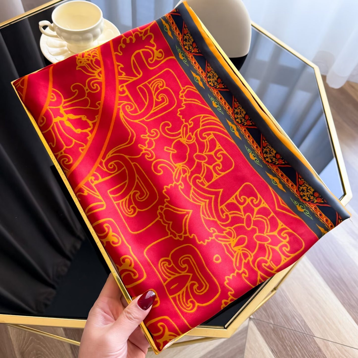 Retro ethnic style blessing character printing long silk scarf, simple and elegant temperament women's outer shawl, hand-in-hand gift silk scarf