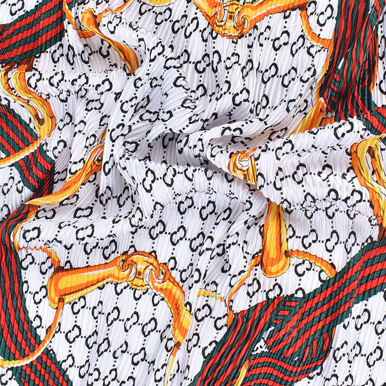 New French chain ring pattern printed pleated 90-color large square towel, head towel simulation silk