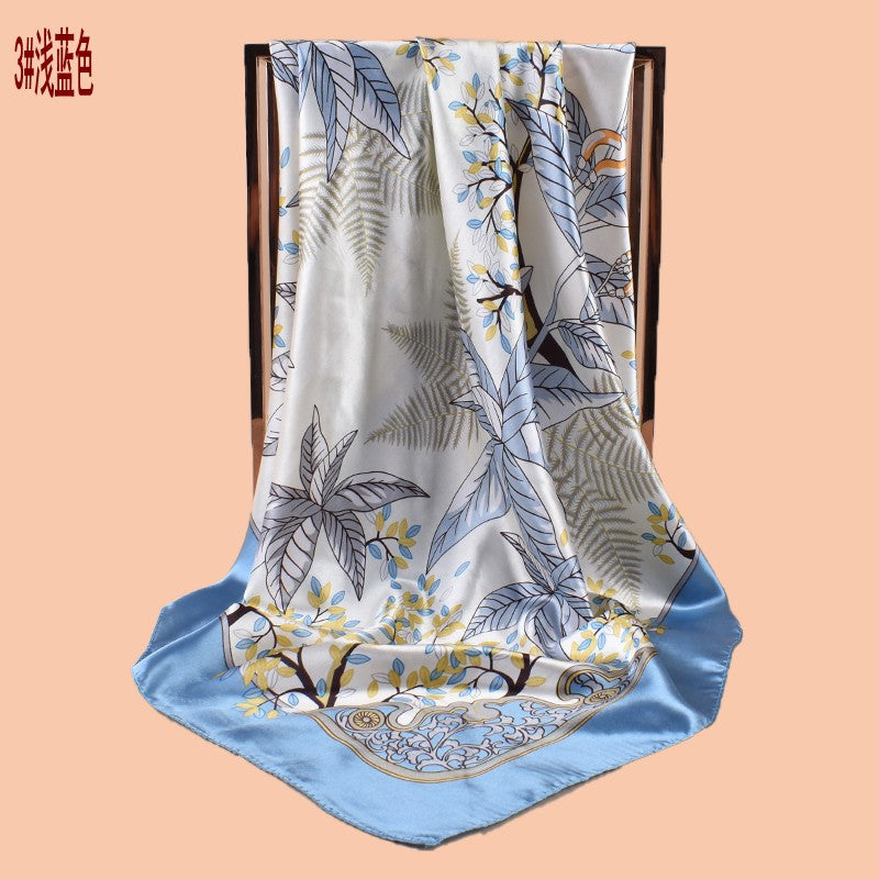 2025 new 90cm satin branches and leaves printed square scarf with sunscreen, bag head silk scarf decoration, scarf
