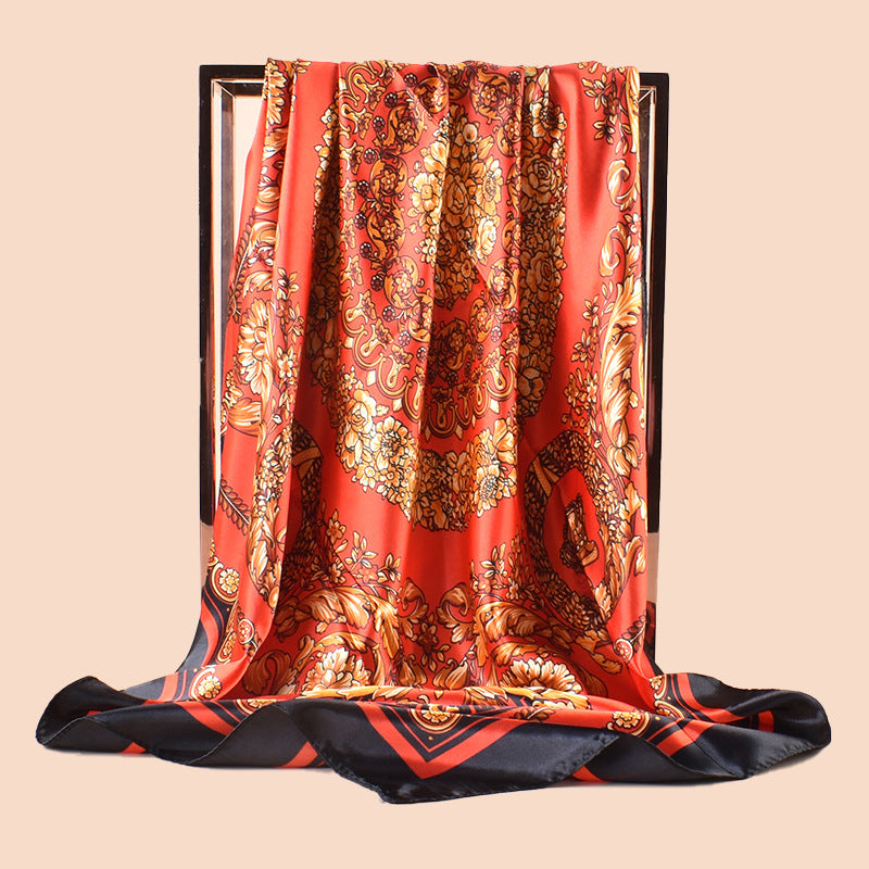 Spring new fashionable versatile large shawl imitation silk retro totem printed silk scarf head scarf 90 satin square scarf
