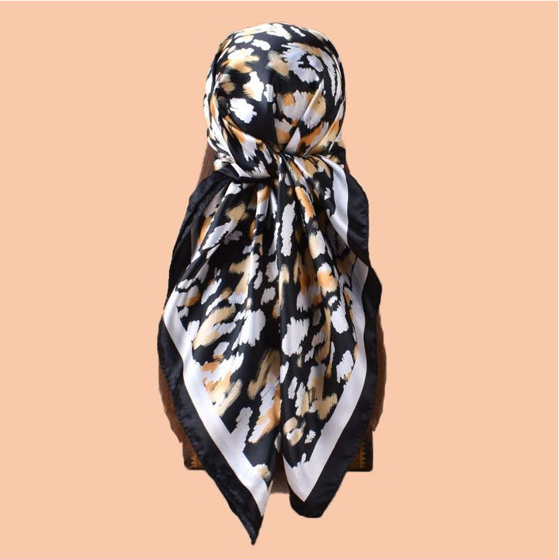 2025 new 90-satin geometric leopard print versatile printed square scarf with sunscreen, bag head silk scarf decoration, scarf