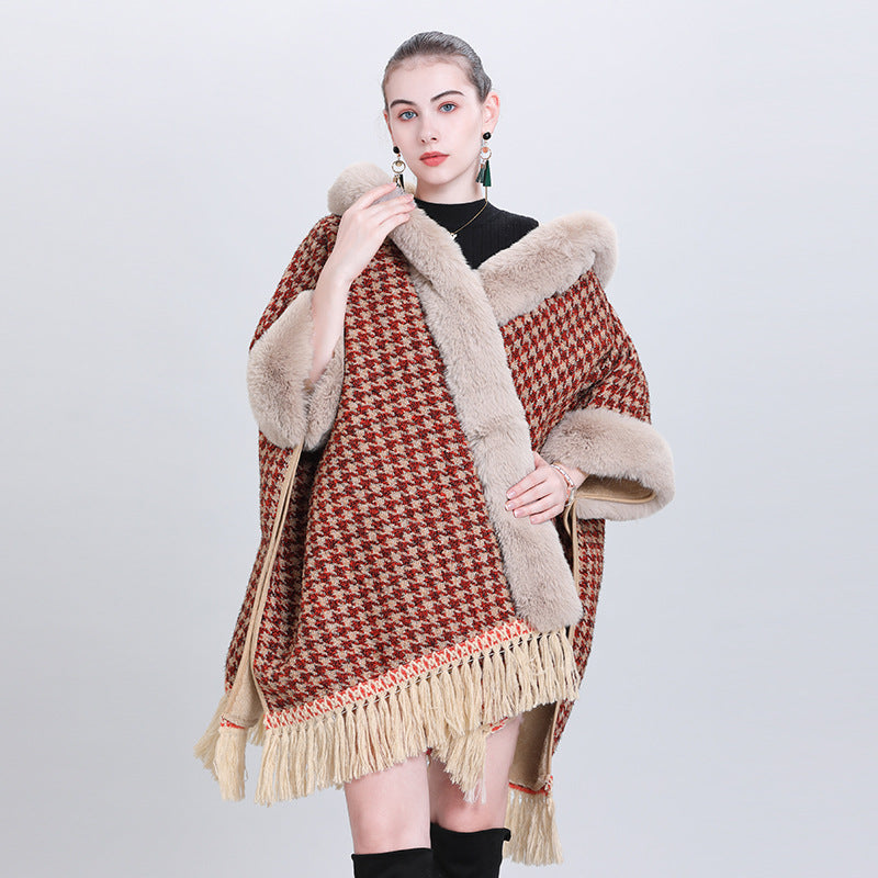 Autumn and winter new cape shawl loose fleece thickened fur collar hooded fringed cardigan shawl cape jacket 1186