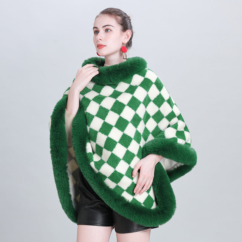 European and Korean autumn and winter new cape shawl thickened plaid fur collar crew neck pullover shawl cape jacket 0986 #