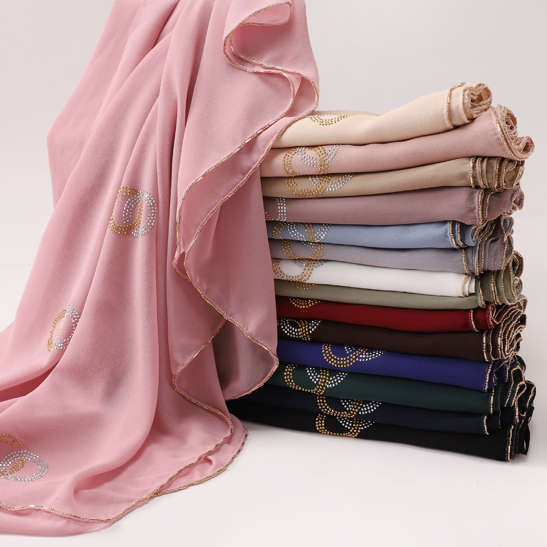 New Pearl Chiffon Long Edge Metal Chain Double Ring Hot Diamond Long Towel Yarn Middle East Head Towel