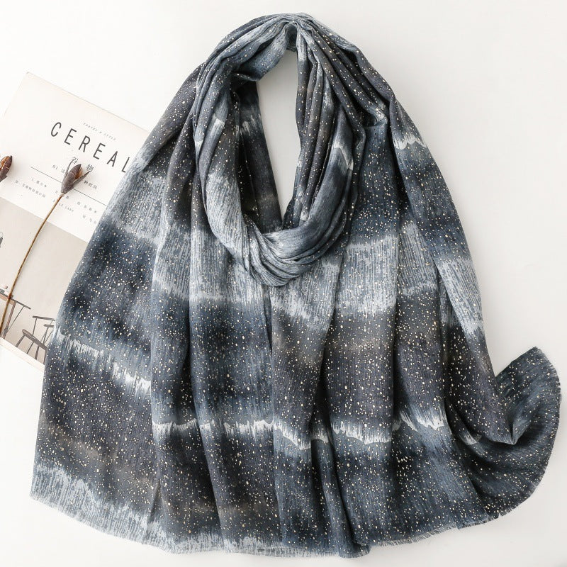 Cotton and linen feel scarf soft silk scarf bronzing cloud gradual change color rough edge printing shawl women