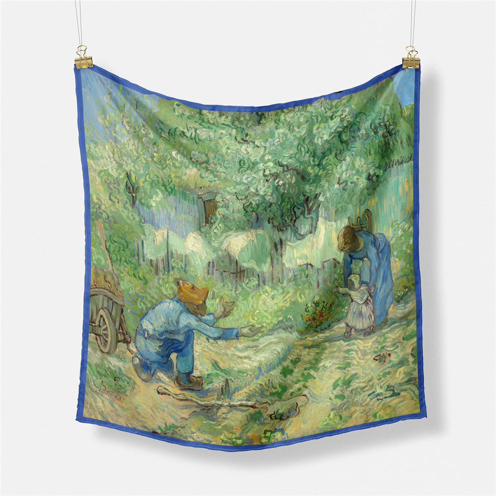 Fashion Van Gogh art oil painting 53cm small square scarf, twill silk imitation silk women's scarf, headband
