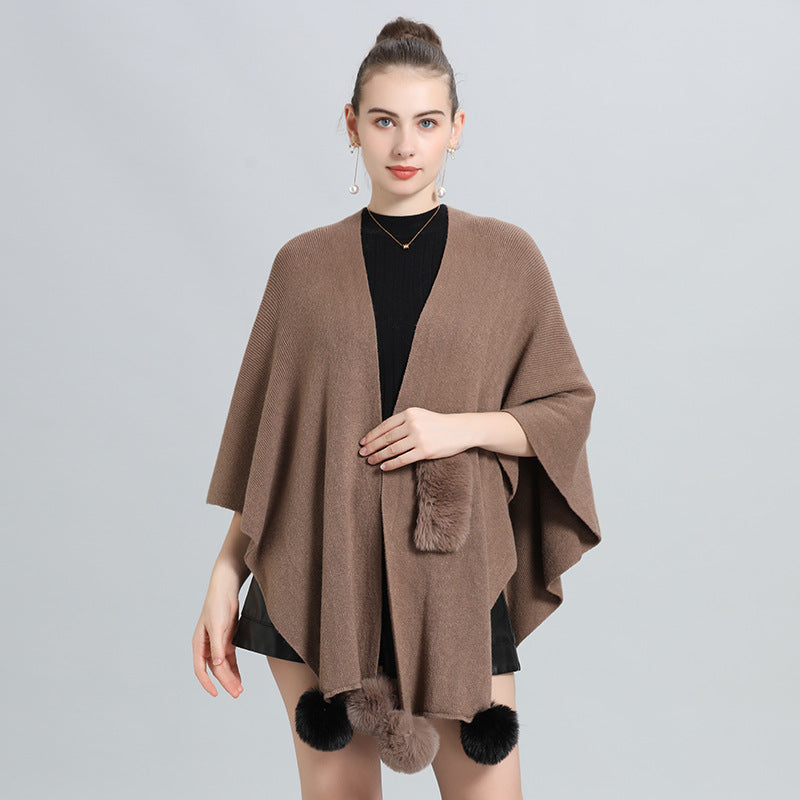 Europe, America autumn and winter new hairball knitted cardigan multi-purpose shawl top women's large size coat 0971