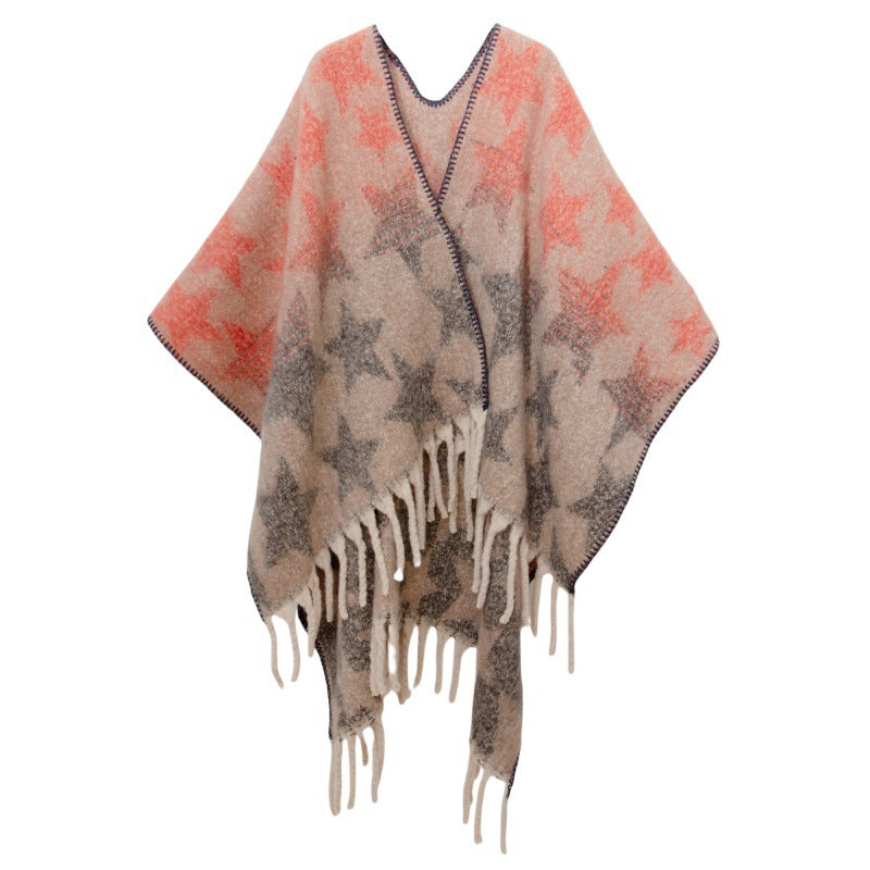 2025 new European and American autumn and winter imitation mohair double-sided thickened jacquard five-pointed star cross shawl