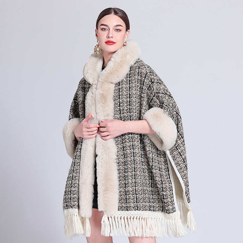 Europe, America, autumn and winter new woolen coat women's fashion fur collar hooded fringed cape shawl with cape small fragrance