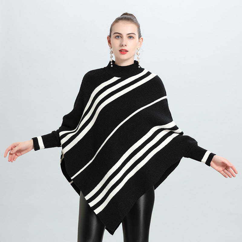 Autumn and winter new irregular striped semi-turtleneck bat sleeve pullover knitted sweater cape women 0950 #