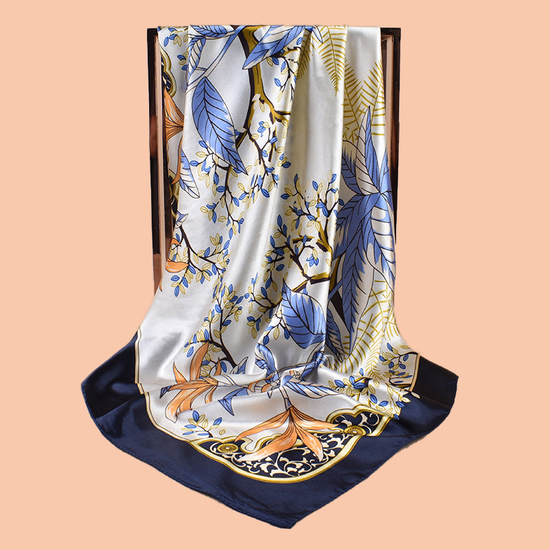 2025 new 90cm satin branches and leaves printed square scarf with sunscreen, bag head silk scarf decoration, scarf