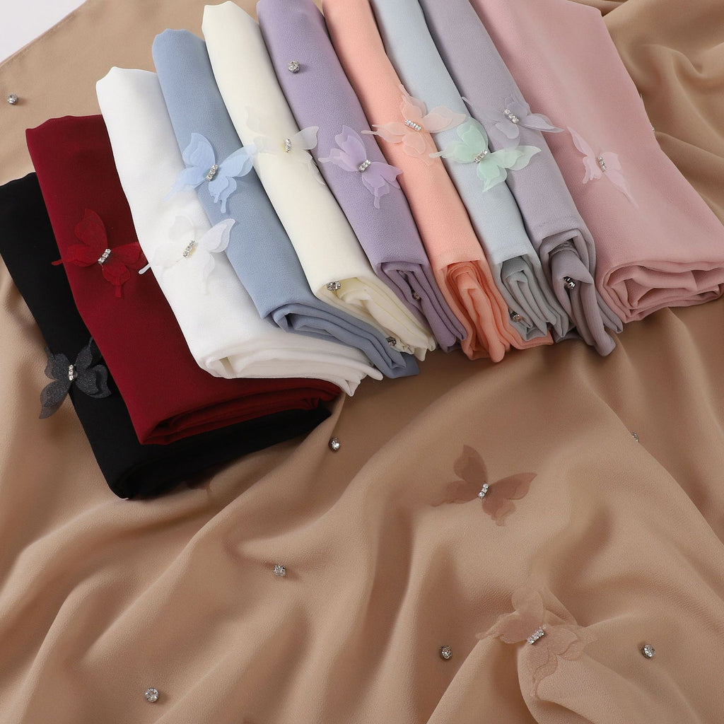 Pearl chiffon point drill butterfly nail drill long towel beautiful yarn Middle East Saudi Africa headscarf