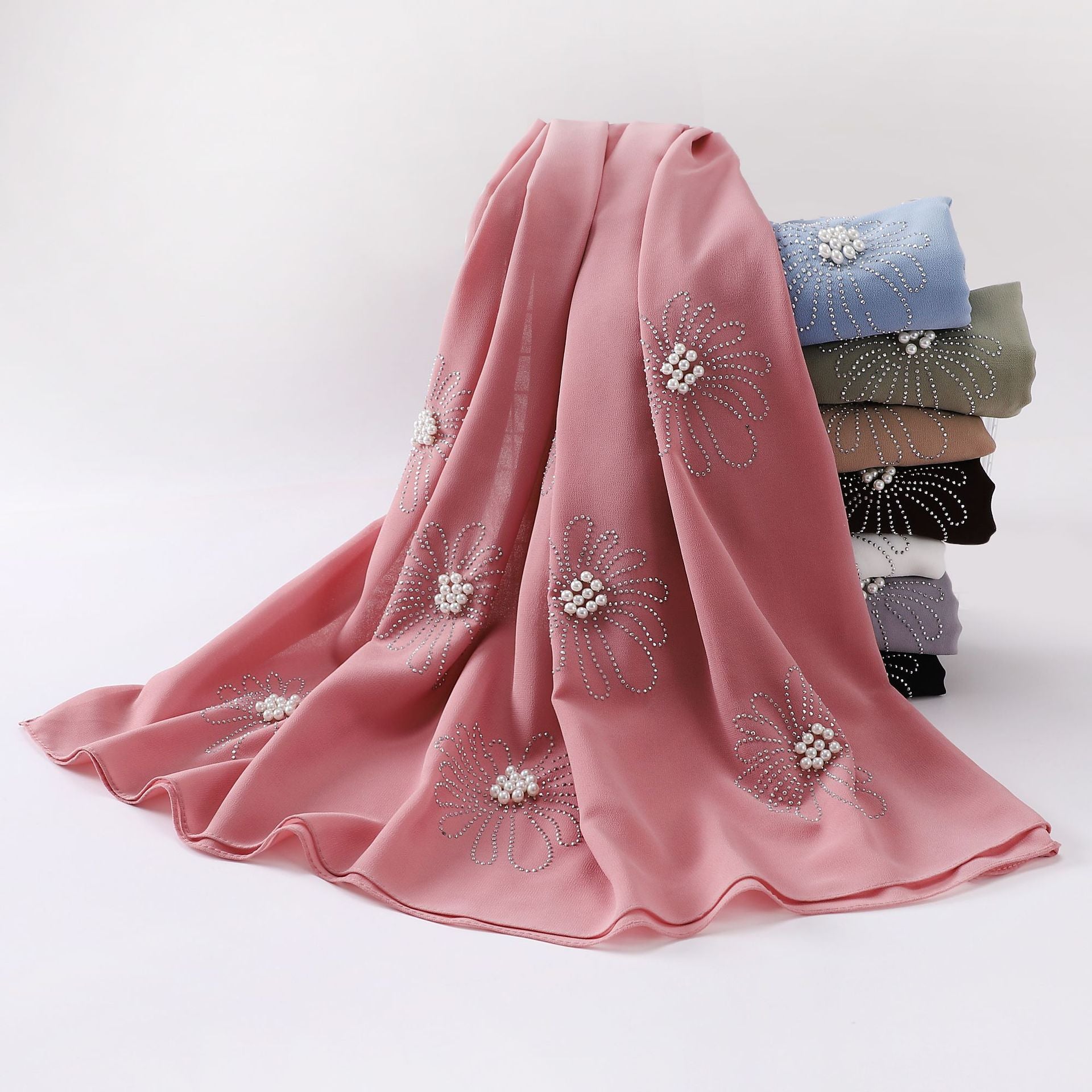 New pearl chiffon single-headed flower hot diamond bead scarf, gauze, Middle East and Africa, headscarf hijab.