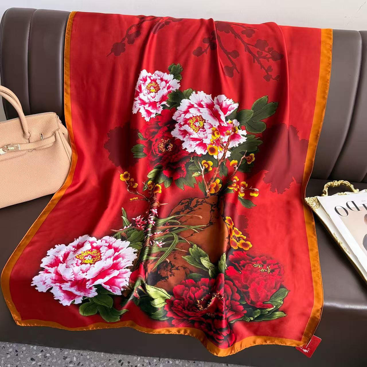Literary and retro national style, peony flowers and flowers, long silk scarves, high-end mother's gift scarves, shawls