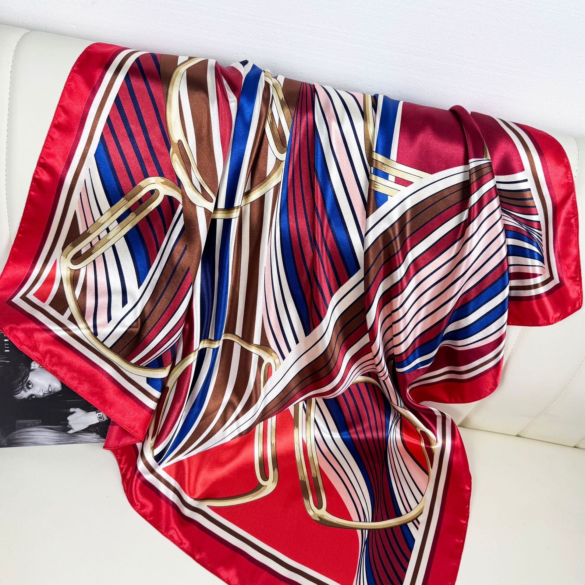 European and American fashion geometric line printed silk scarf, imitation silk satin 90 square scarf, Indonesian ethnic women's bag head scarf