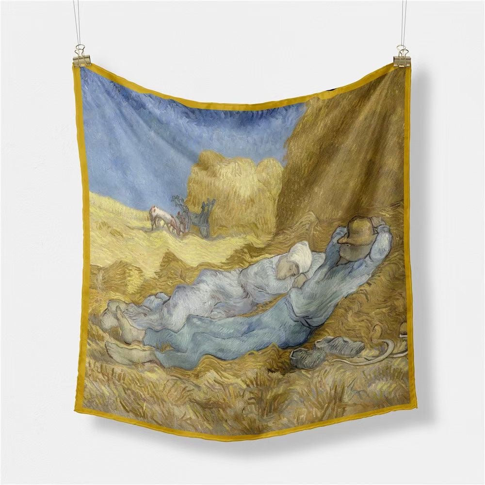 Fashion Van Gogh art oil painting 53cm small square scarf, twill silk imitation silk women's scarf, headband