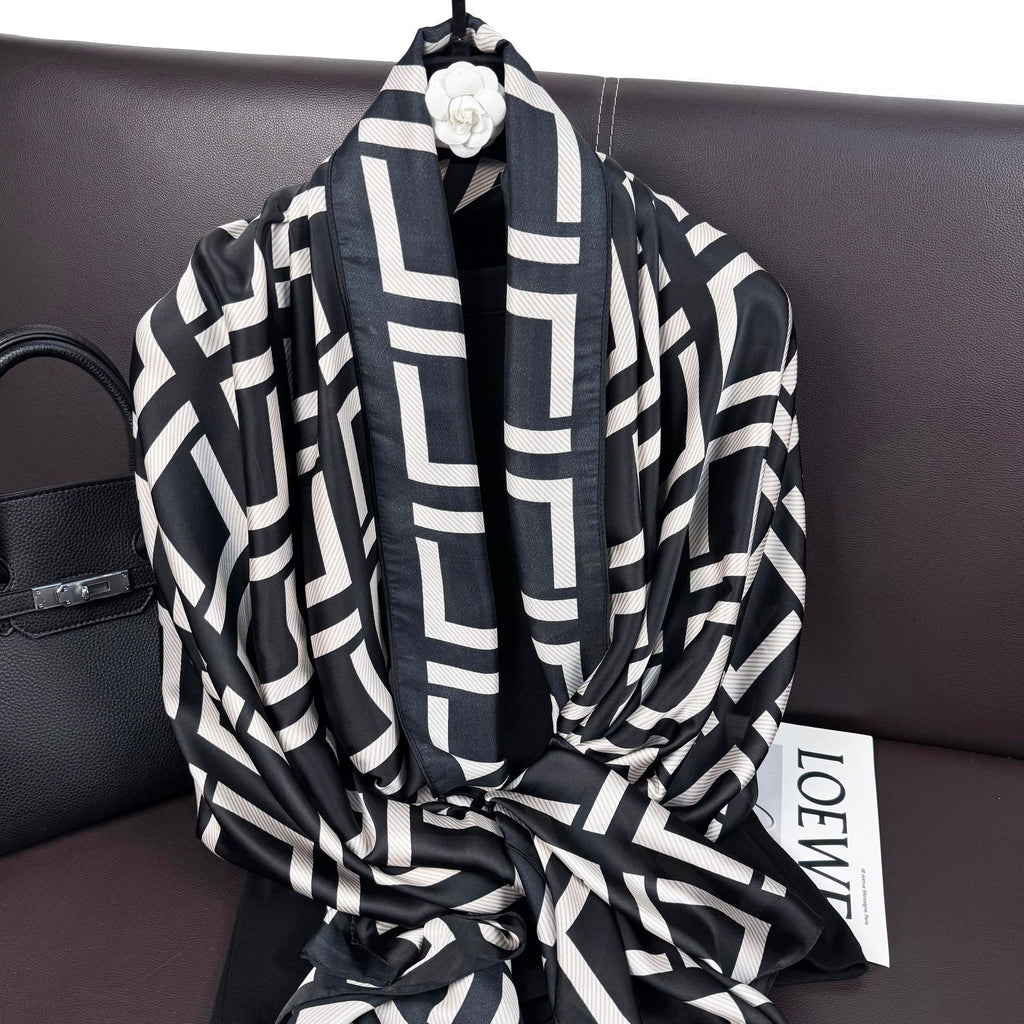 Simple classic black and white square simulation silk long silk scarf, Korean version of fashionable and versatile outer shawl, women's scarf headscarf
