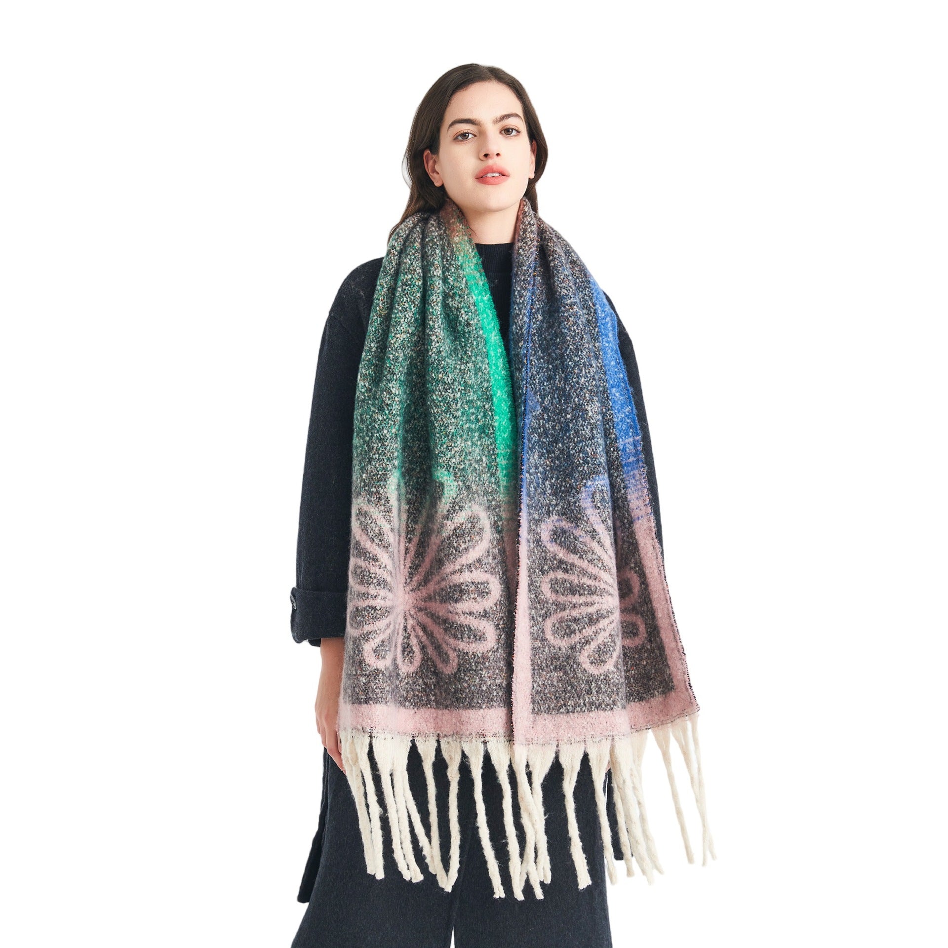 European, American autumn and winter new loop yarn imitation mohair jacquard small flower scarf