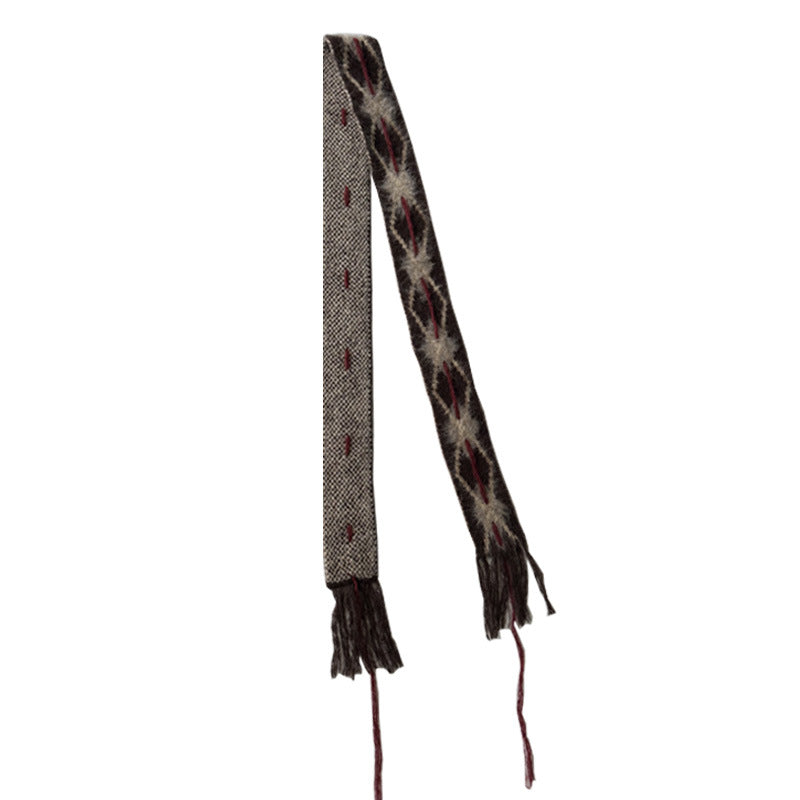 Designer show hand-threaded rhombus-shaped knitted thin and narrow small scarf women's winter style decorative brushed scarf