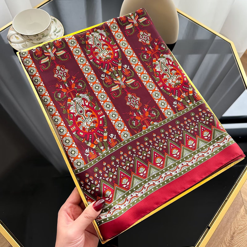 Korean version of fashion versatile Guochao ethnic style totem printing long silk scarf, simple and elegant temperament women's air-conditioned room shawl