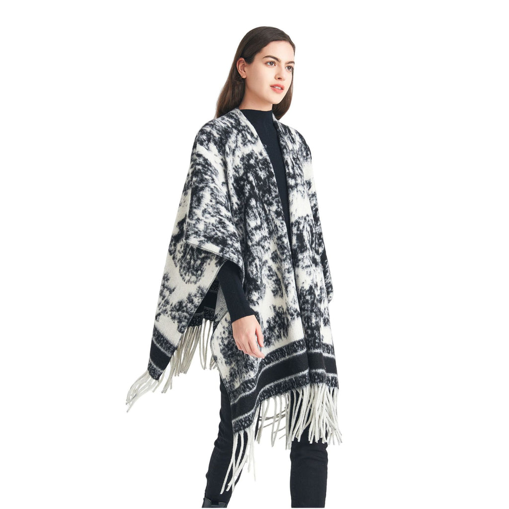 European, American spring, autumn and winter women's jacquard double-sided fringed shawl