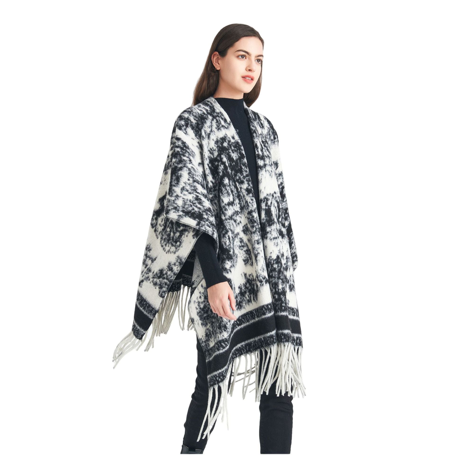 European, American spring, autumn and winter women's jacquard double-sided fringed shawl