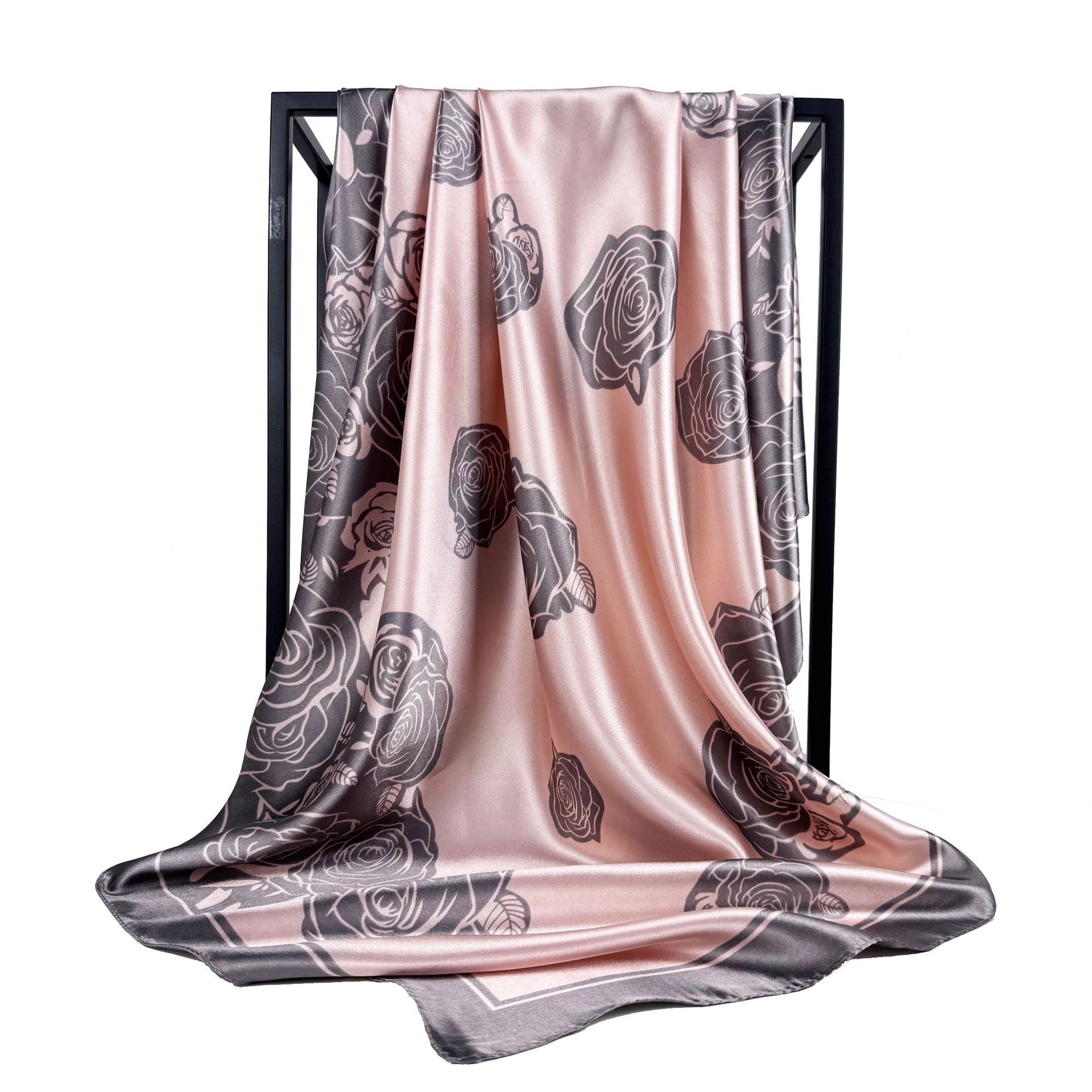 Spring new product, simple and elegant plant flower silk scarf, imitation silk satin 90cm square scarf, ethnic women's headscarf