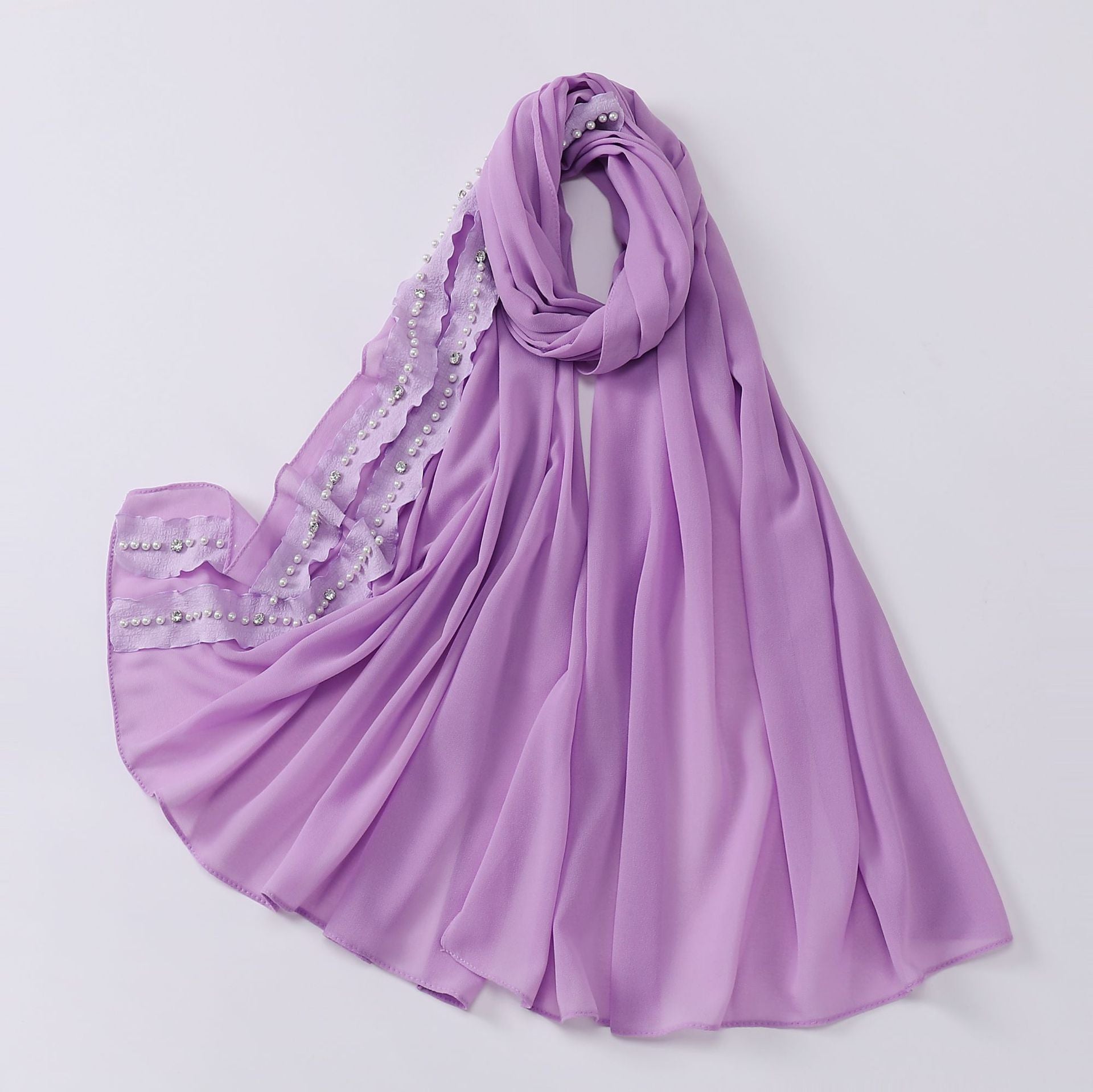 New solid color pearl chiffon lotus leaf lace bead nailed diamond scarf Middle East headscarf  scarf Malay Baotou