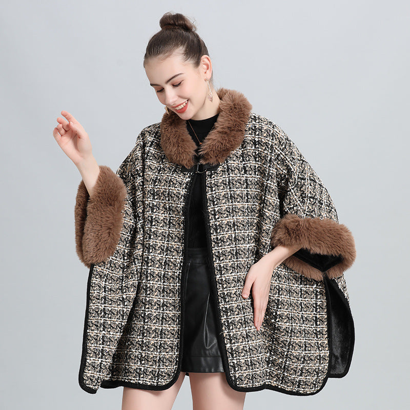 European and Korean autumn and winter new velvet large size loose imitation fur collar knitted cardigan cape shawl woolen coat 0964 #
