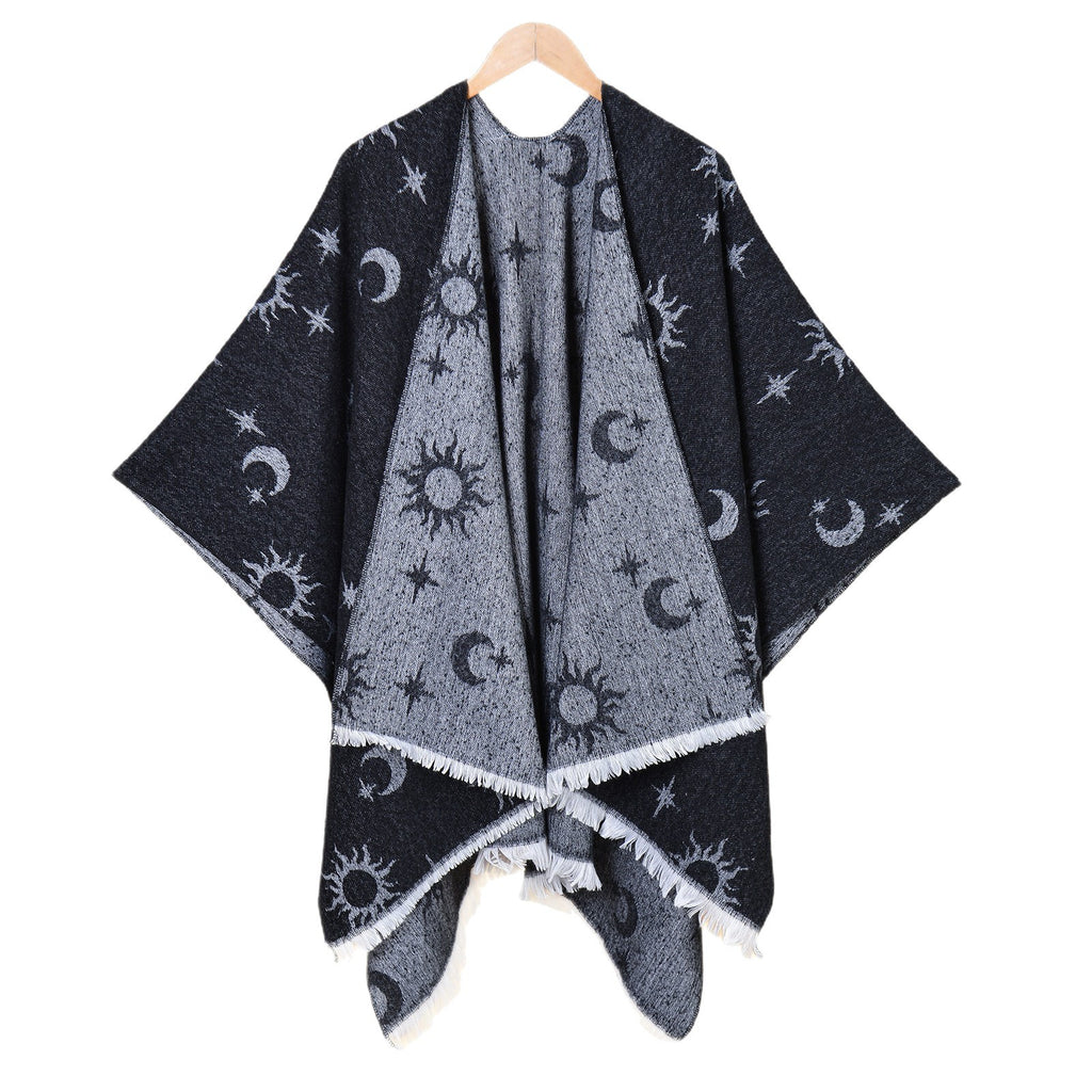 New European and American Women's Double-sided Fringed Jacquard Split Warm Shawl Cardigan Autumn and Winter Cape