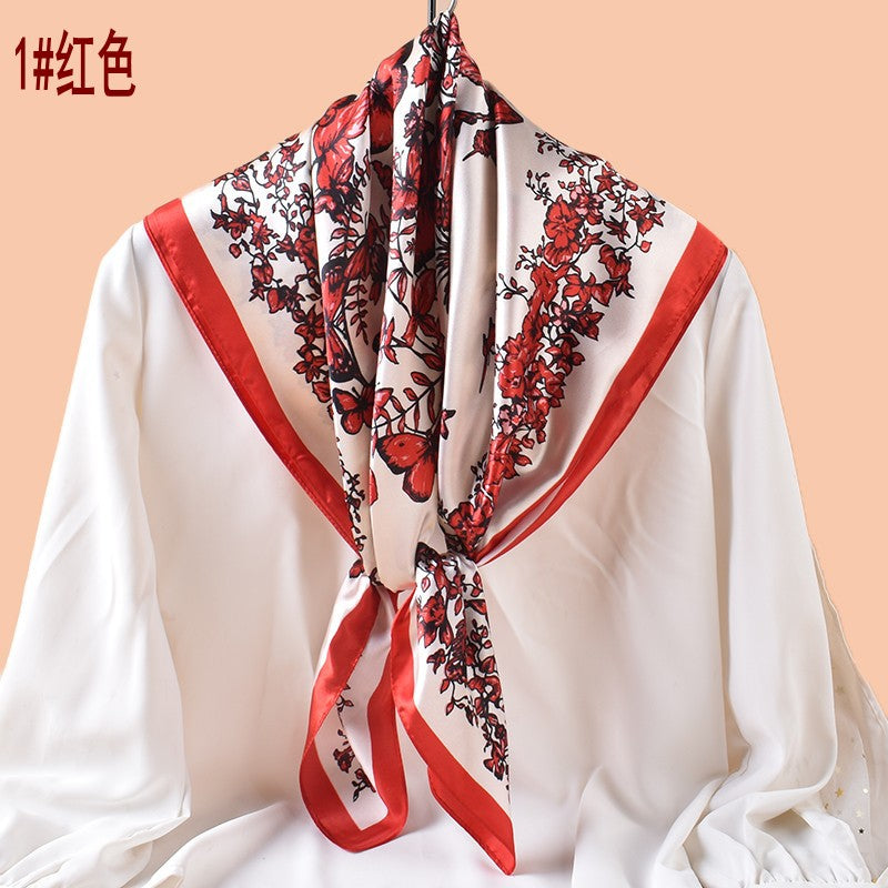Spring and summer scarf butterfly flying printing versatile decorative scarf headscarf silk scarf 90cm high-quality satin square scarf