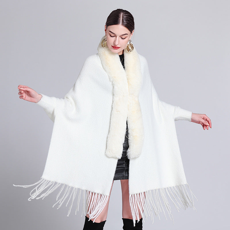 Autumn and winter new shawl fur collar imitation mink velvet knitted fringed sleeved cheongsam shawl with cape jacket women