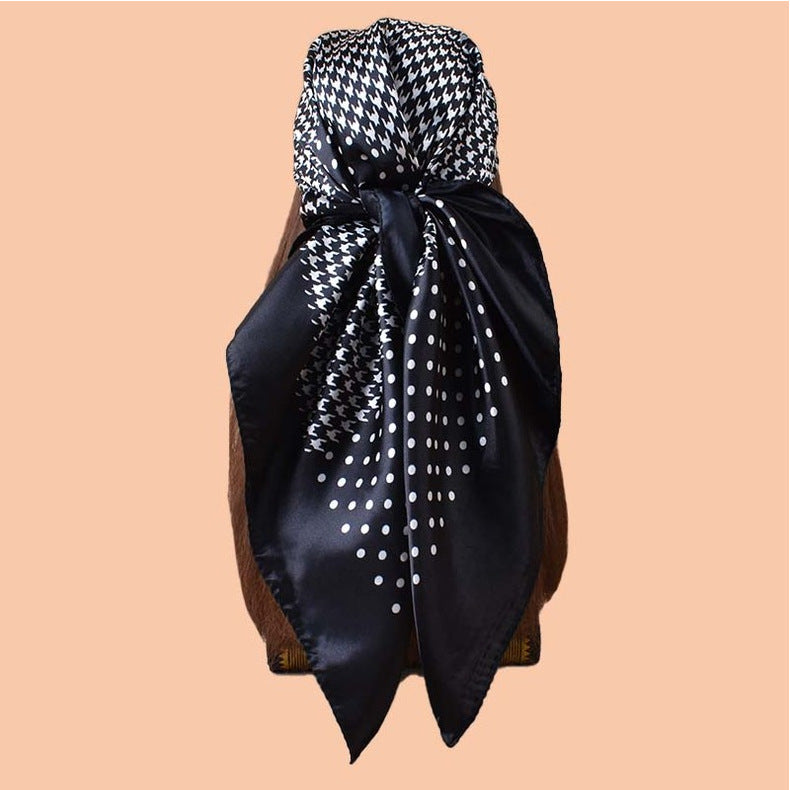 2025 new 90-satin polka dot thousand bird grid printed square scarf with sunscreen, bag head silk scarf decoration, scarf