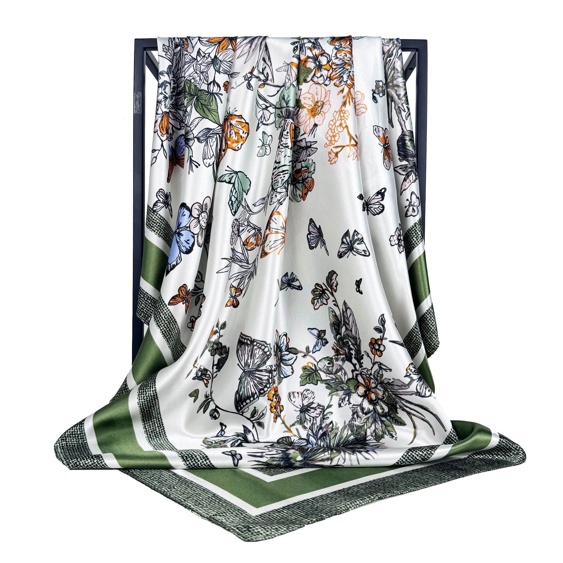 Spring and summer Korean version of butterfly flower 90 square scarves, simulated silk and satin women's head scarf, outer scarf gift