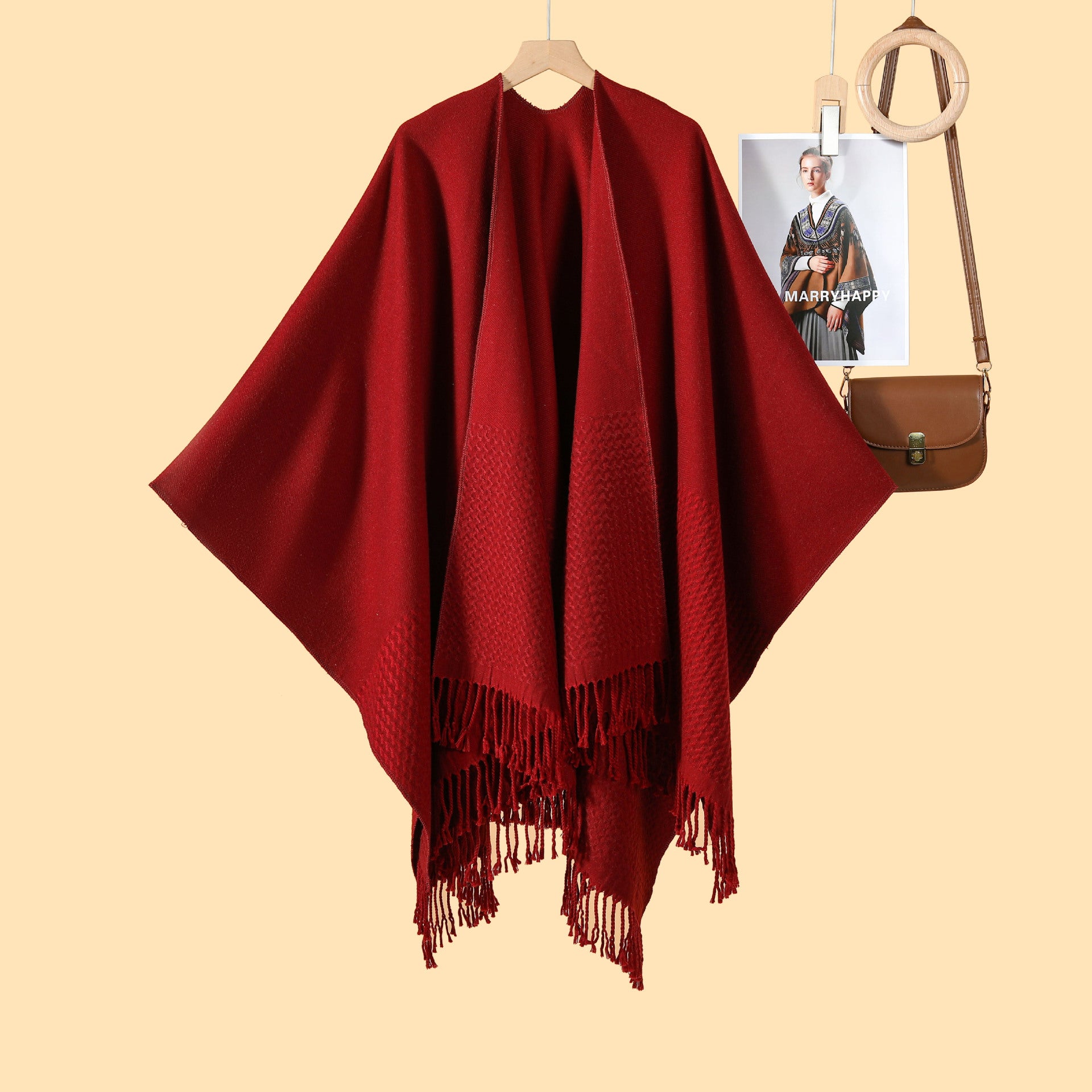 New monochrome fringed split shawl double-sided three-dimensional wave jacquard warm imitation cashmere scarf cape cardigan women