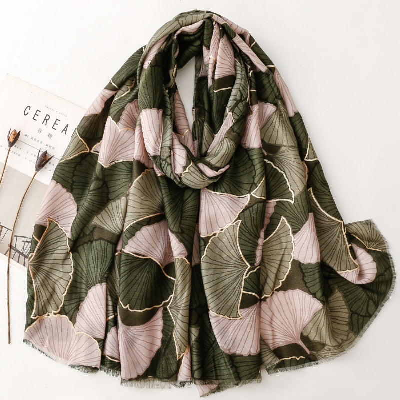 Cotton and linen feel scarf soft silk scarf bronzing golden autumn ginkgo biloba print shawl