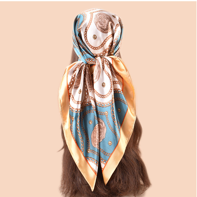 Spring and summer scarf chain flower printing versatile decorative scarf headscarf silk scarf 90 high-quality satin square scarf