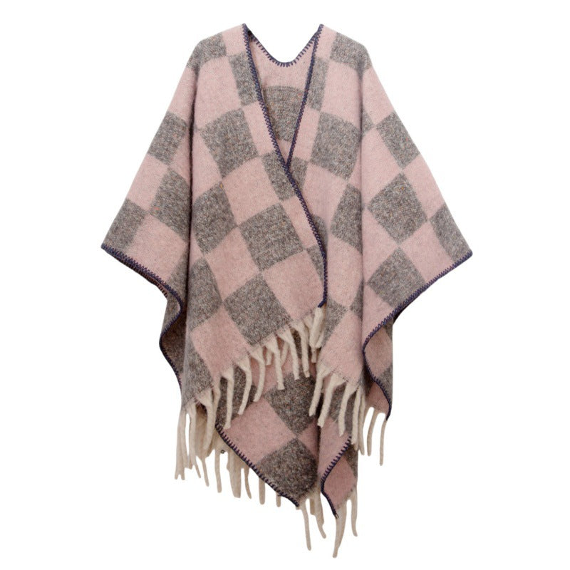 New European, American autumn and winter circle yarn imitation mohair thickened jacquard checkered cross shawl