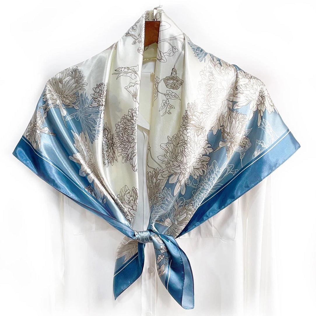 Temperament simple and elegant bow flower print silk scarf 90cm square scarf, Indonesian national bag head scarf scarf scarf