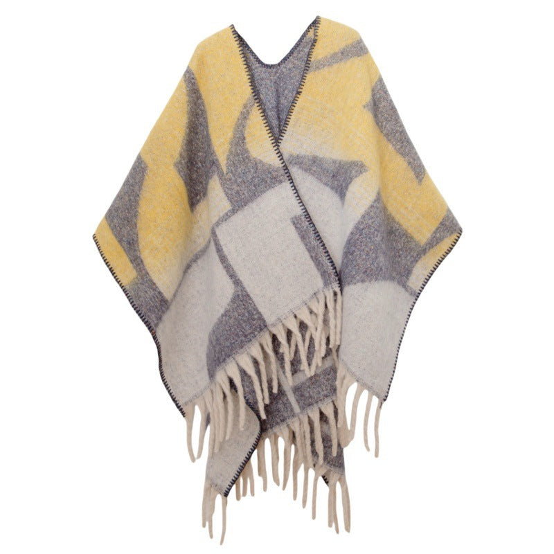 2025 new European and American autumn and winter circle yarn imitation mohair thickened jacquard geometric shawl