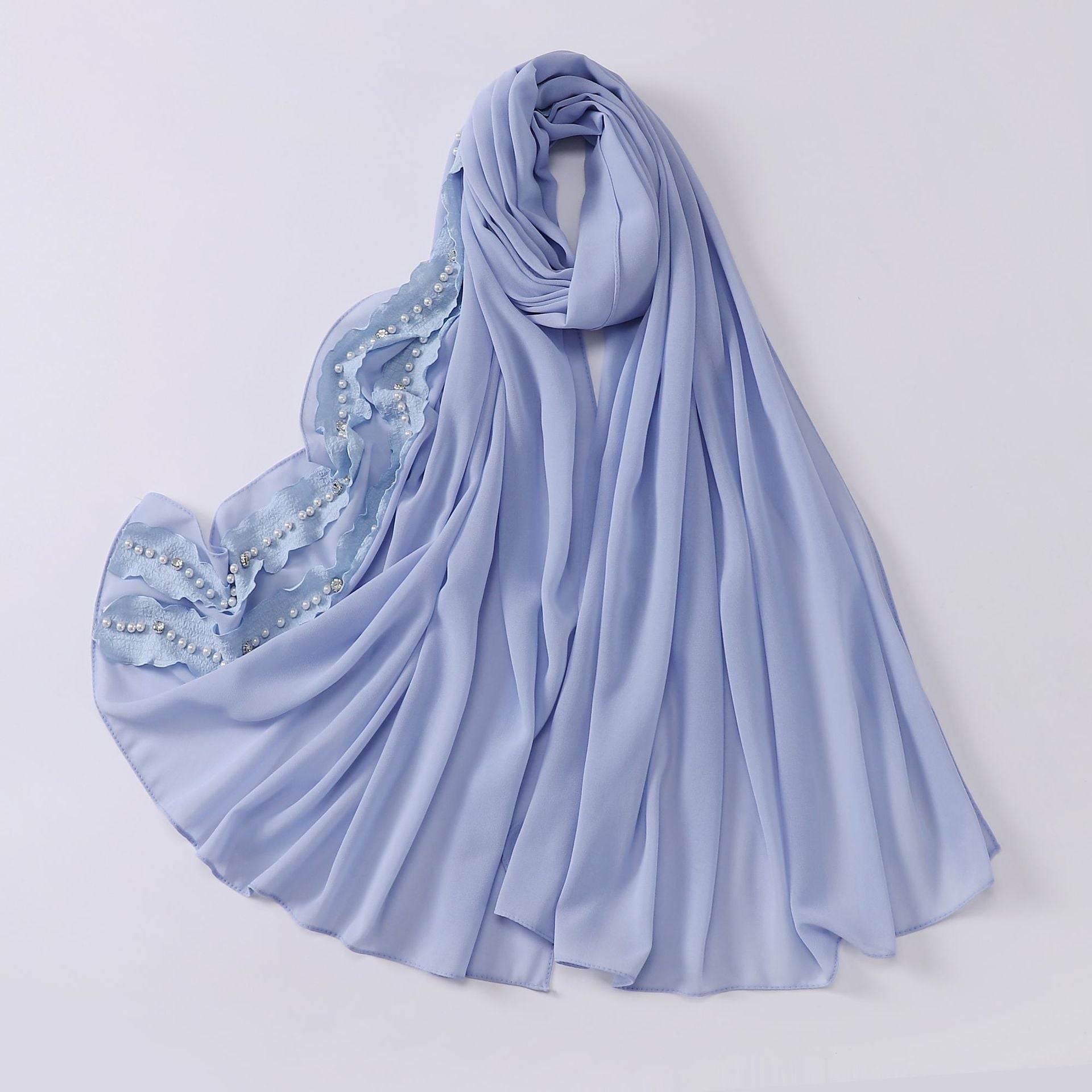 New solid color pearl chiffon lotus leaf lace bead nailed diamond scarf Middle East headscarf  scarf Malay Baotou