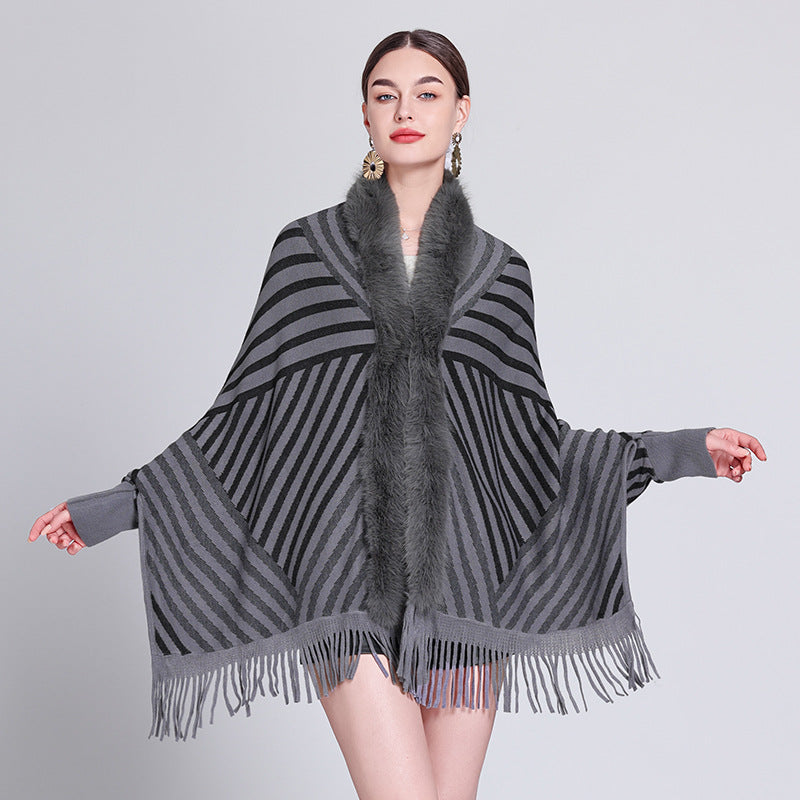 European and American autumn and winter new fashion striped fringed knitted shawl cape versatile cape outer scarf shawl 1233