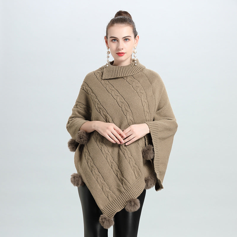 Hot European and Korean autumn and winter new loose jacquard hairball pullover knitted sweater cape shawl 0937 #