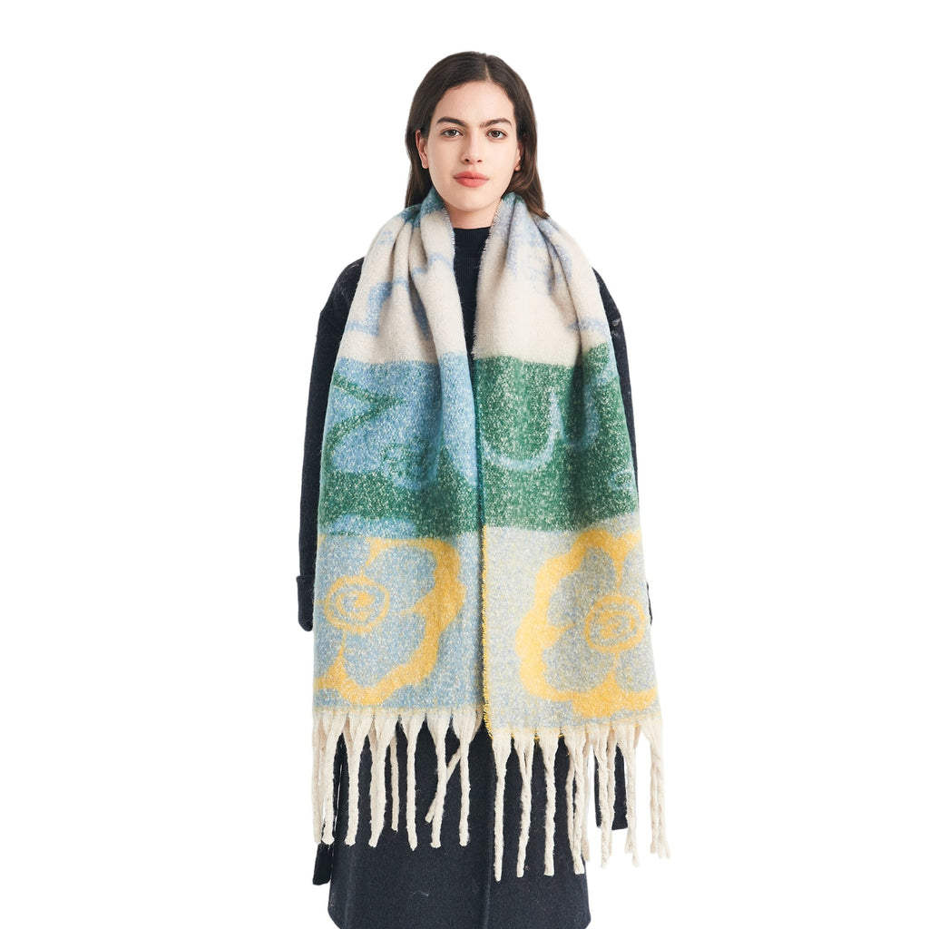 European, American autumn and winter new loop yarn imitation mohair jacquard four-leaf flower scarf