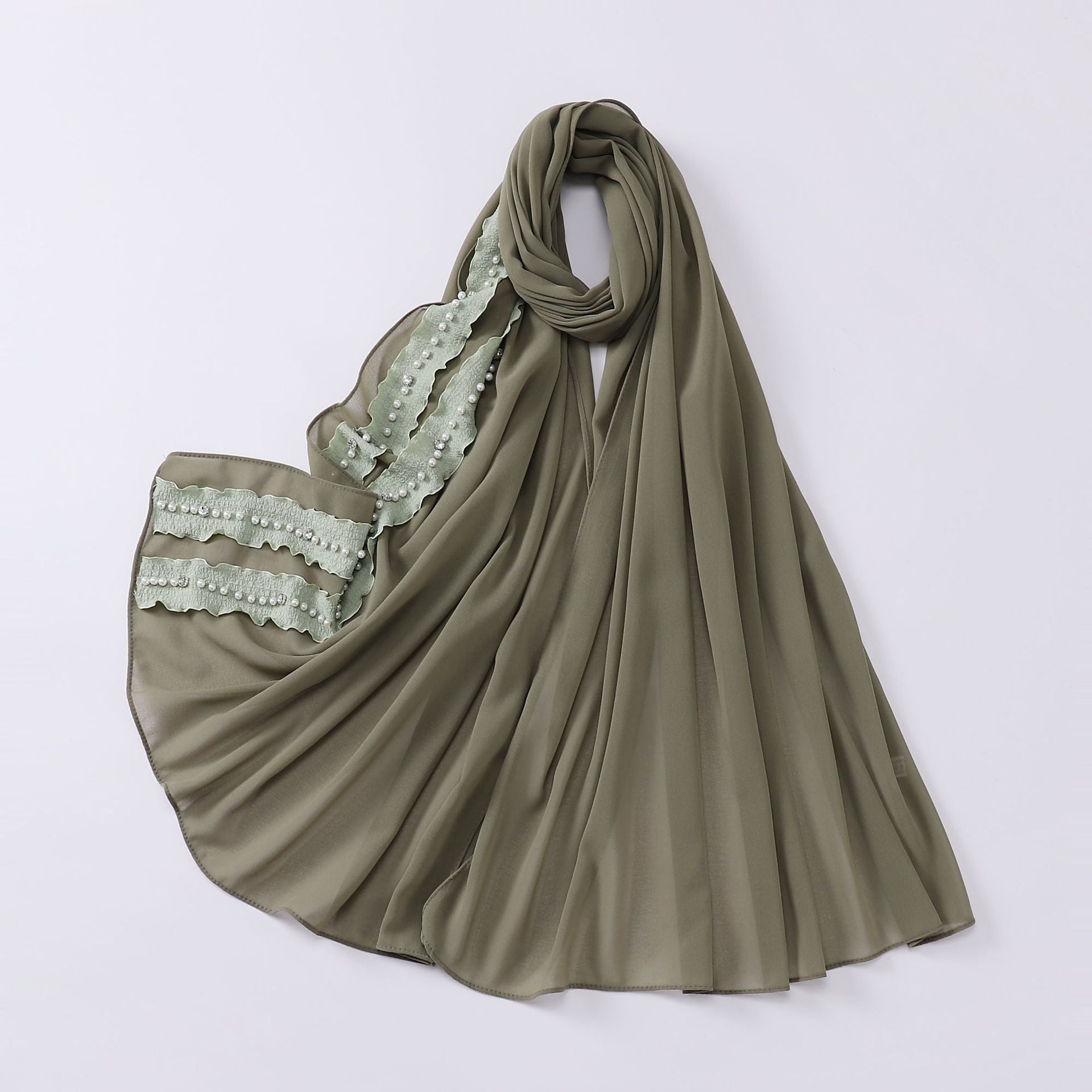 New solid color pearl chiffon lotus leaf lace bead nailed diamond scarf Middle East headscarf  scarf Malay Baotou