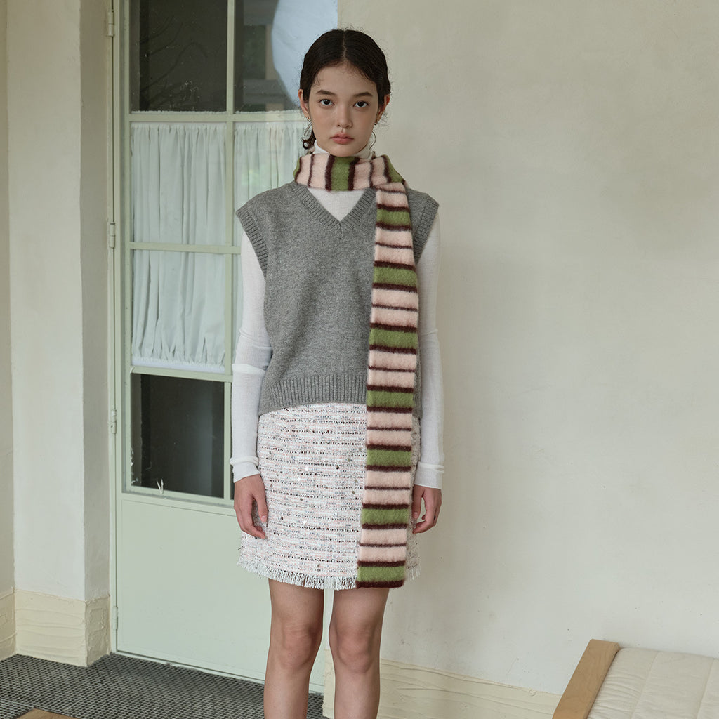 Designer thin and narrow contrasting stripes knitted small scarf women's autumn and winter concave double-layer warm wool scarf