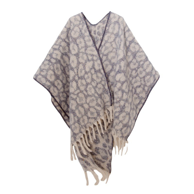 European, American autumn and winter circle yarn imitation mohair thickened jacquard leopard print fringed cross shawl