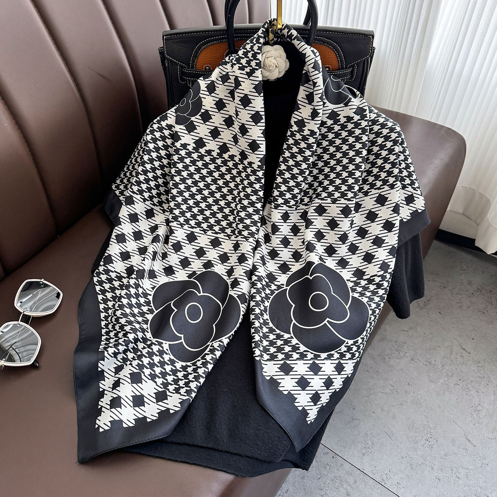 New Korean version plaid printing light luxury large square scarf spring and summer sunscreen silk scarf air conditioner warm shawl women