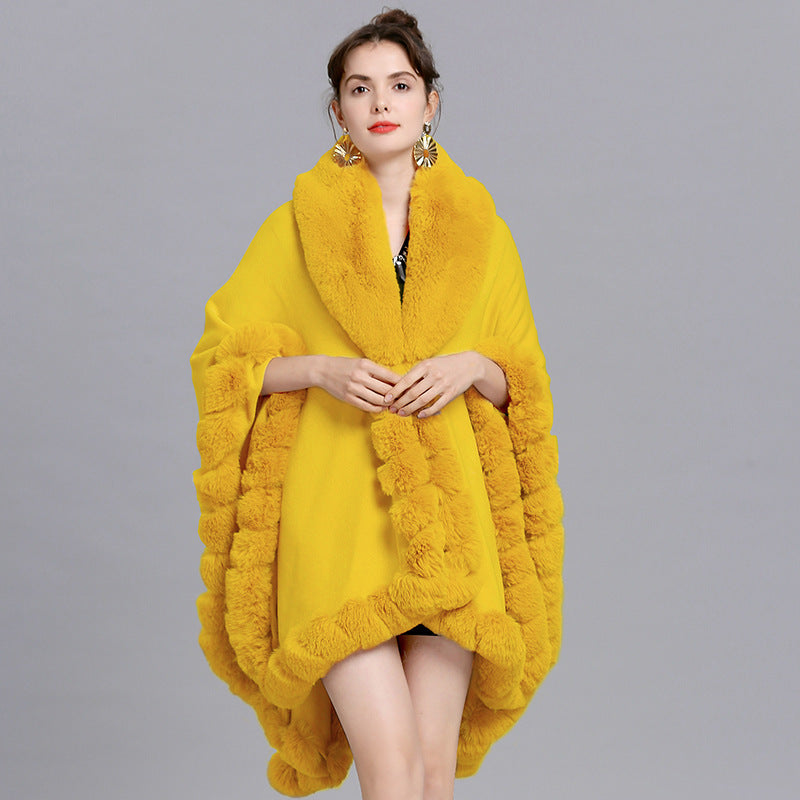 European and American new cape large size coat women's shawl loose imitation fur collar knitted cardigan shawl cape 1561 #