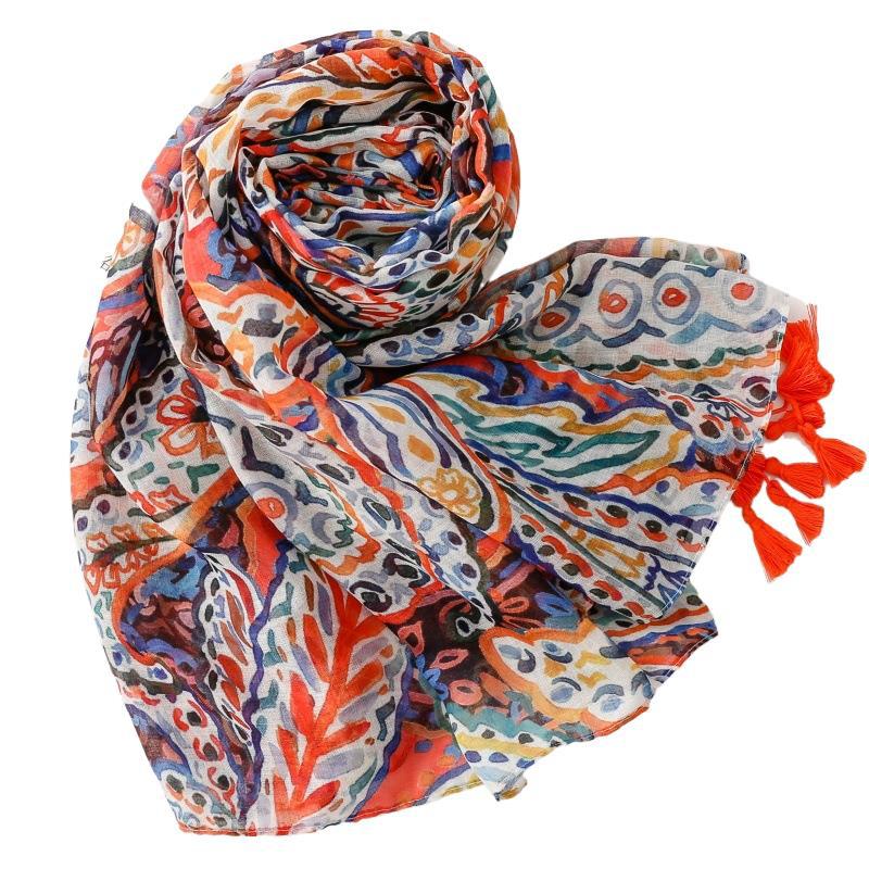 Bohemian Fashion Scarf Colored Paisley Cashew Floral Pattern Tassel Travel Accessories Silk Scarf Shawl Women